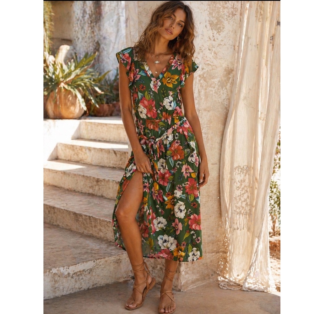 Vibrant Green Floral Flutter Sleeve Flowy Midi Dress Bright Festive‎ Womens M
